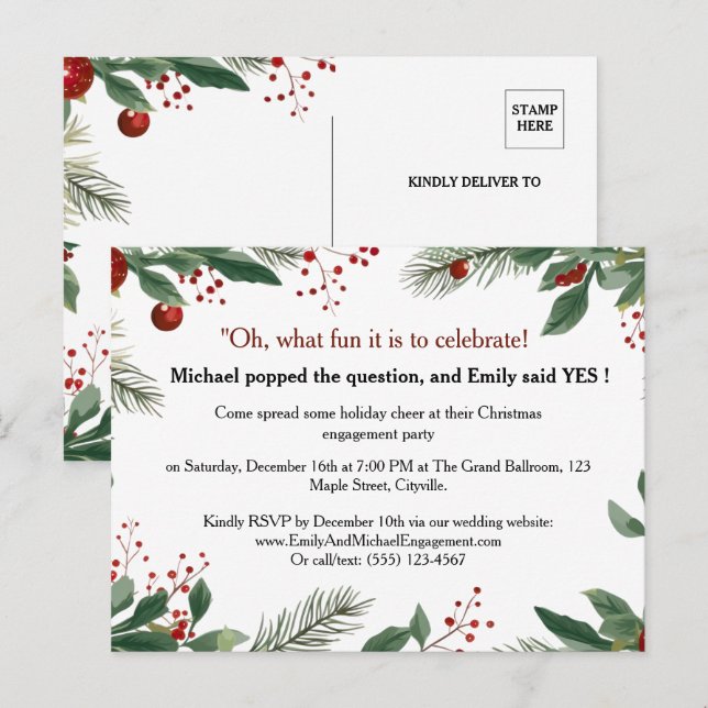 Red & Green Christmas Engagement Party Invitation Postcard (Front/Back)