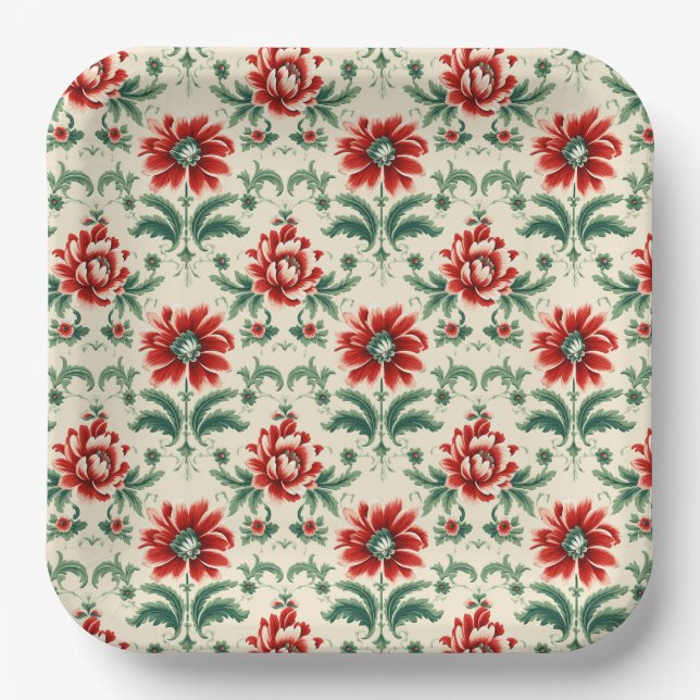 Red & Green Christmas Floral Elegance Paper Plates (Front)