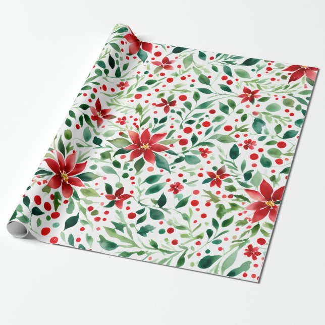 Red/Green Christmas Flowers Wrapping Paper (Unrolled)