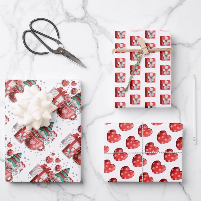 Red Green Christmas Gnome Teacup Hearts Gifts  Wrapping Paper Sheets (Front)