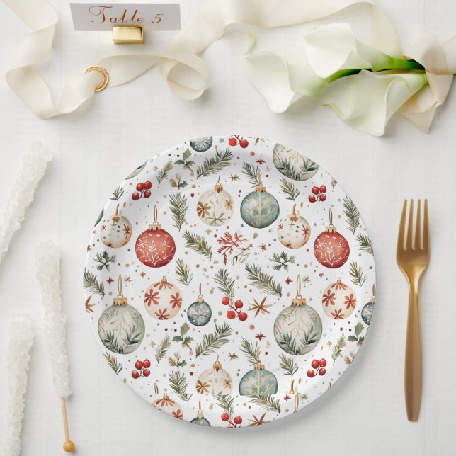 Red Green Christmas Holiday Ornaments Boho Antique Paper Plates (Wedding)