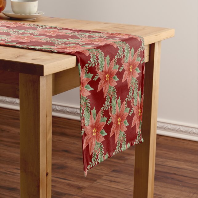 Red Green Christmas Holiday Poinsettia Botanical Short Table Runner (In Situ)
