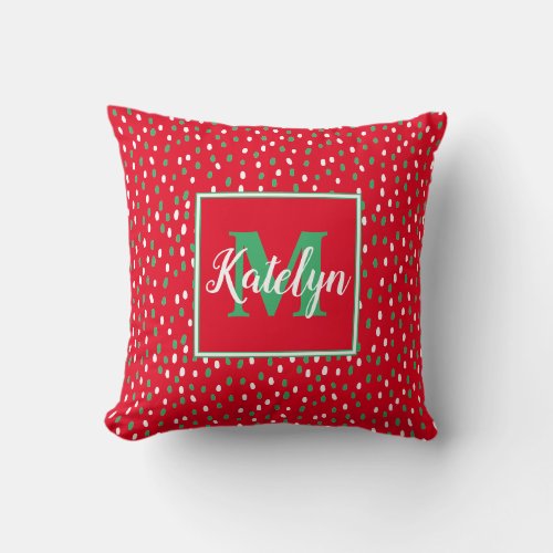 Red  Green Christmas  Holidays Monogram Name Throw Pillow