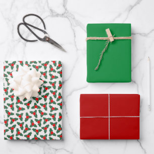 Red &  Green Christmas Holly Coordinated   Wrapping Paper Sheets