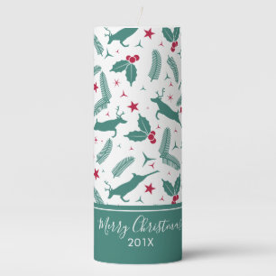 Red & Green Christmas Holly & Deer Pattern Pillar Candle