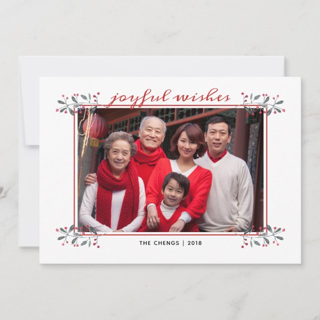 Red & Green Christmas Holly Joyful Wishes Family Holiday Card (Front)