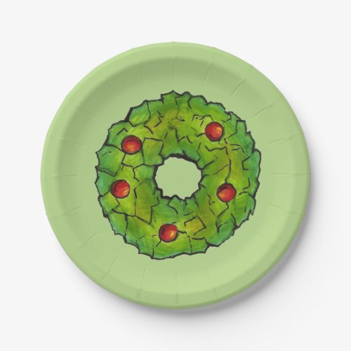 Red Green Christmas Holly Wreath Holiday Party Paper Plates