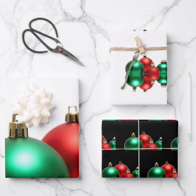 Red + Green Christmas Ornaments Wrapping Paper Sheets (Front)