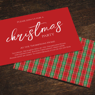 Red Green Christmas Party Plaid Pattern Invitation