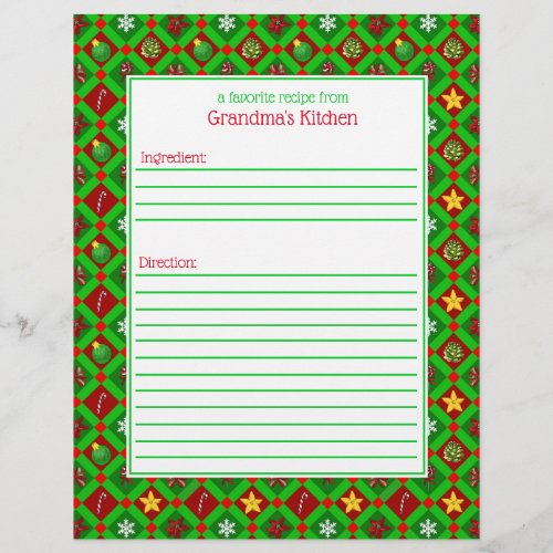 Red Green Christmas Pattern Recipe Paper