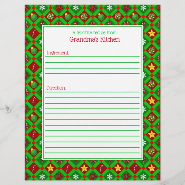 Red Green Christmas Pattern Recipe Paper (Front)