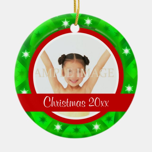 Red green Christmas photo personalize Ceramic Ornament (Front)