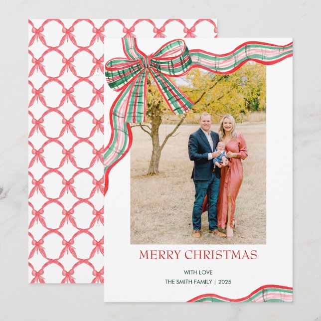 Red & Green Christmas Plaid Bow Photo Holiday Card (Front/Back)