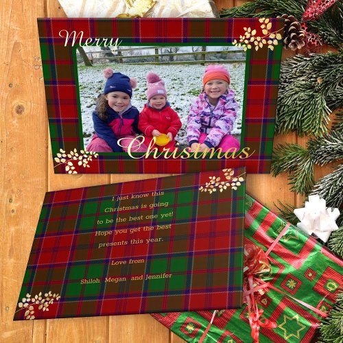 Red Green Christmas Plaid Gold Leaves Family Photo Foil Holiday Card