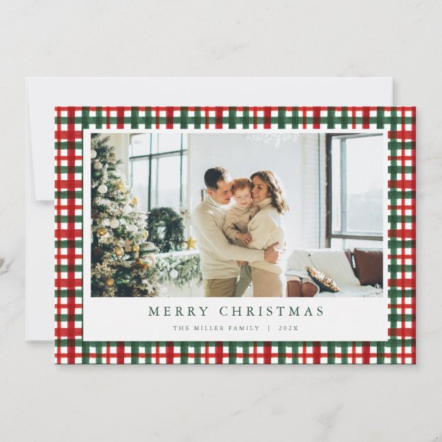 Red Green Christmas Plaid Photo Holiday Card  (Front)