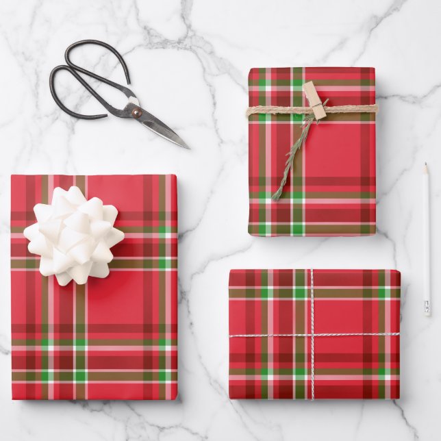 Red Green Christmas Plaid Tartan Pattern Wrapping Paper Sheets (Front)