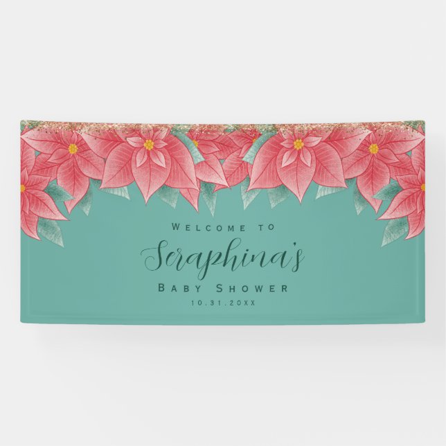 Red & Green Christmas Poinsettia Baby Shower Banner (Horizontal)