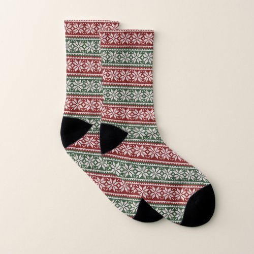 Red Green Christmas Poinsettia Faux Knit Pattern Socks