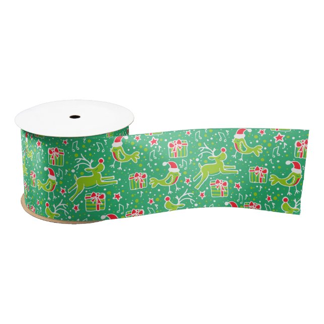 Red green Christmas reindeer and birds ribbon (Spool)