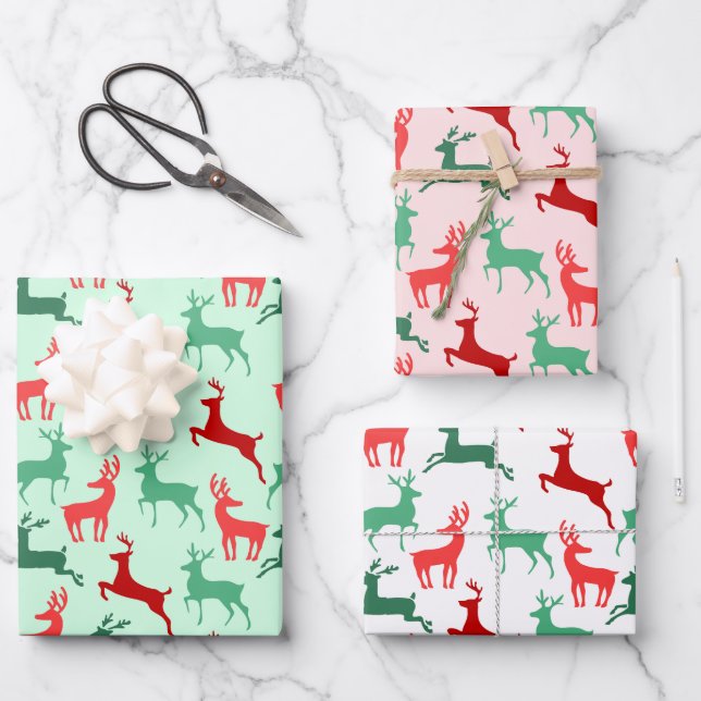 Red Green Christmas Reindeer Silhouette Pattern Wrapping Paper Sheets (Front)
