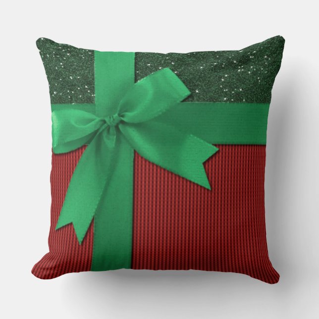 Red & Green Christmas Ribbon Throw Pillow (Front)