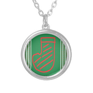 Red Green Christmas Stocking on Green Silver Plated Necklace