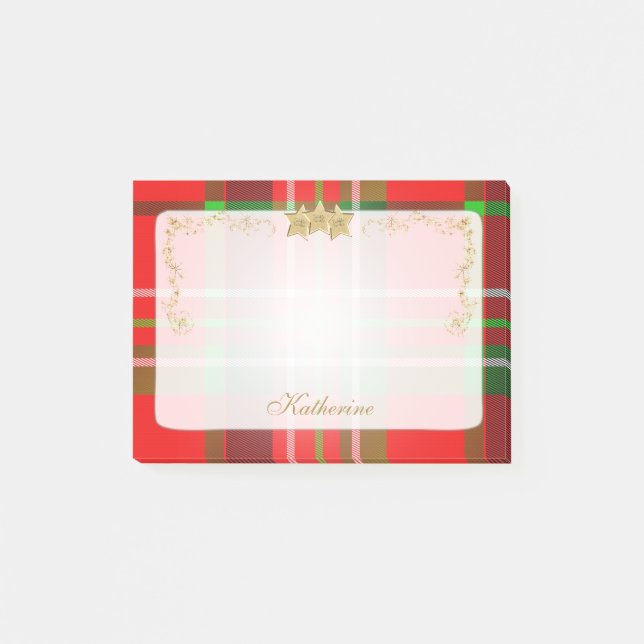 Red, Green Christmas Tartan & Stars Personalized Post-it Notes (Front)
