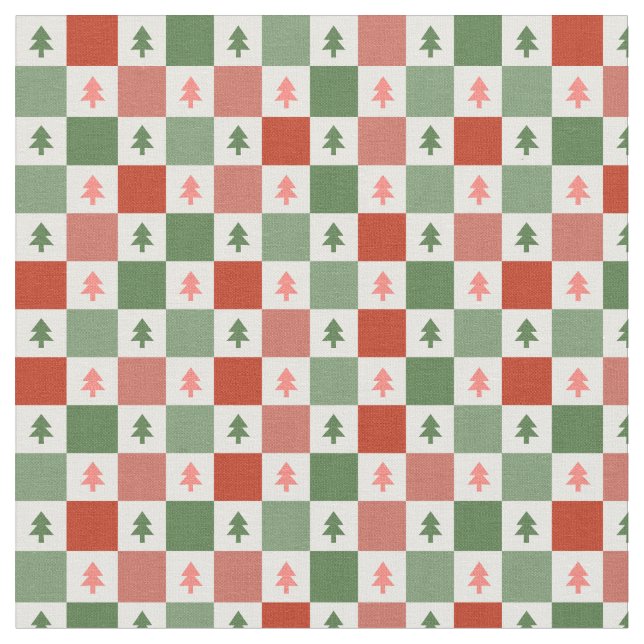 Red Green Christmas Tree Checkerboard Pattern Fabric (Close Up)