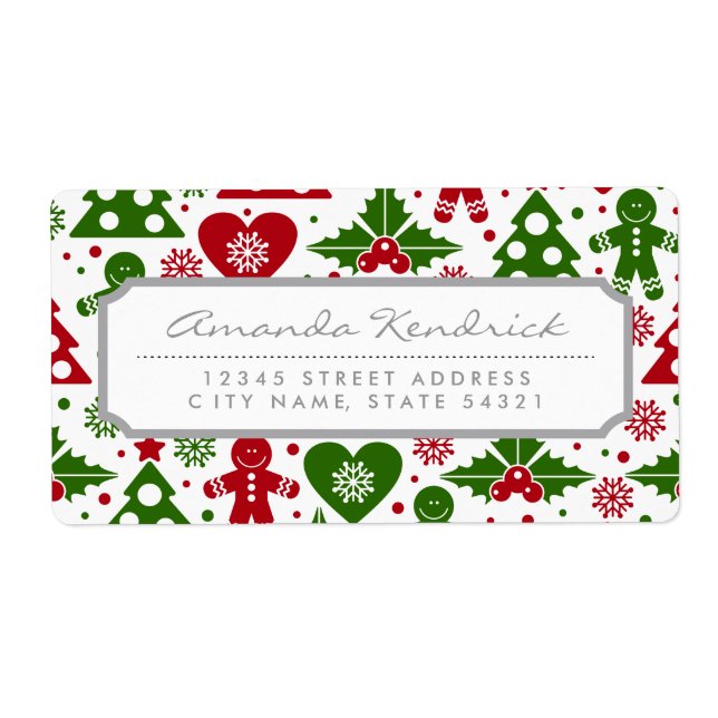 Red & Green Christmas Tree Gingerbread Man Pattern Label (Front)