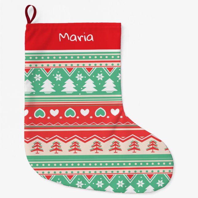 Red & Green Christmas Tree Love  - Festive Holiday Large Christmas Stocking (Front)