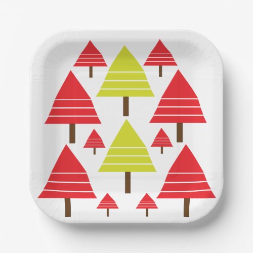 Red Green Christmas Tree Modern Minimal Pattern Paper Plates
