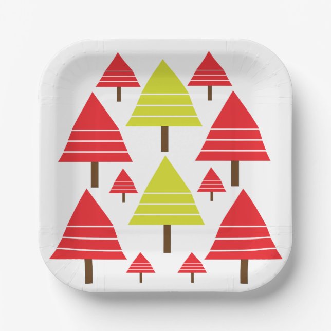 Red Green Christmas Tree Modern Minimal Pattern Paper Plates (Front)