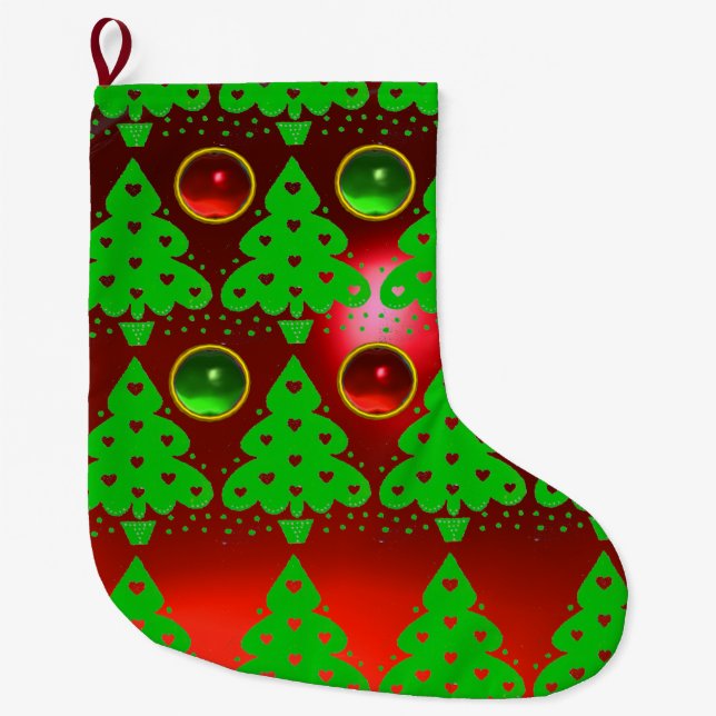 RED GREEN CHRISTMAS TREE WITH HEARTS LARGE CHRISTMAS STOCKING (Front)