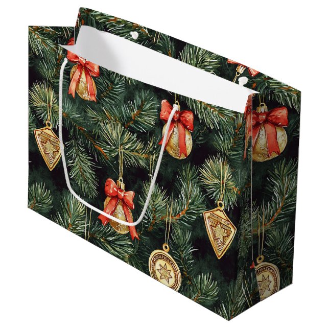 Red Green Christmas Trees Gold Ornaments Large Gift Bag (Front Angled)