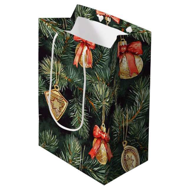 Red Green Christmas Trees Gold Ornaments Medium Gift Bag (Front Angled)