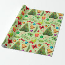 Red Green Christmas Trees Holly Ornaments Wrapping Paper