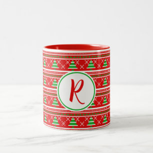 Red Green Christmas Trees Monogram Two-Tone Coffee Mug
