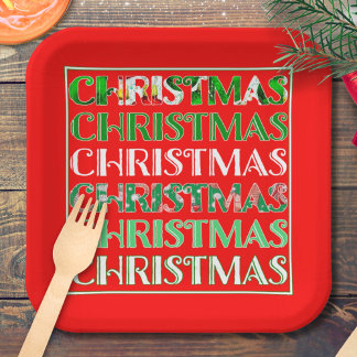 Red Green Christmas Typography Retro Paper Plates