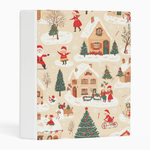 Red Green Christmas Village Snowy Beige Pattern Mini Binder