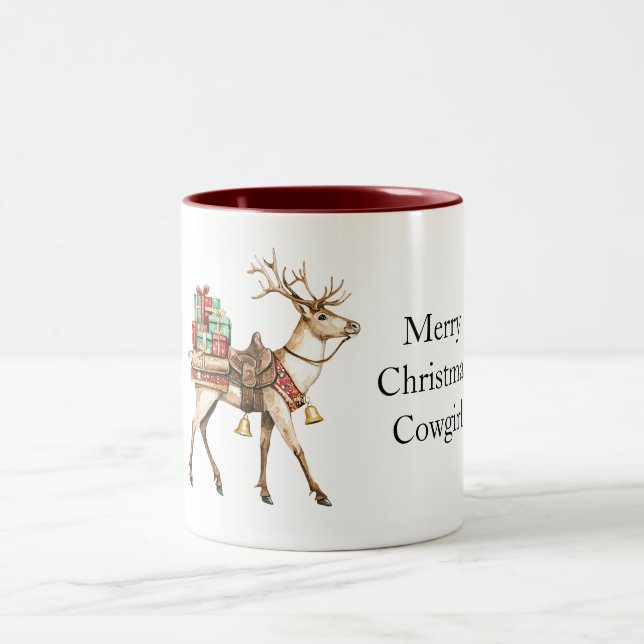 Red Green Christmas Western Deer Two-Tone Coffee Mug (Center)