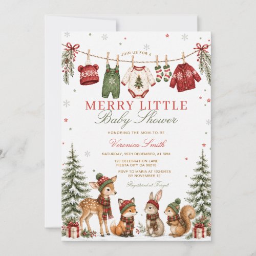 Red Green Christmas Woodland Animals Baby Shower Invitation