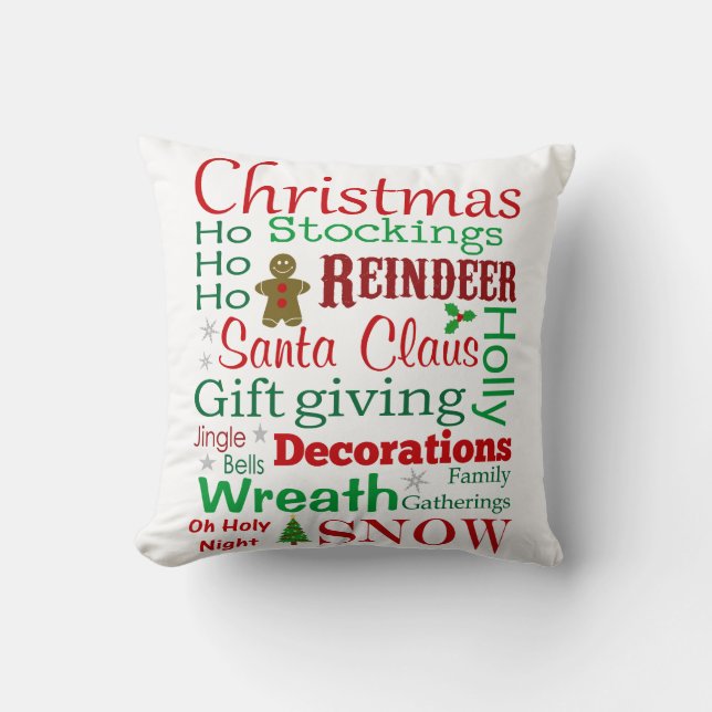 Red Green Christmas Words and Phrases Typography Throw Pillow (Front)