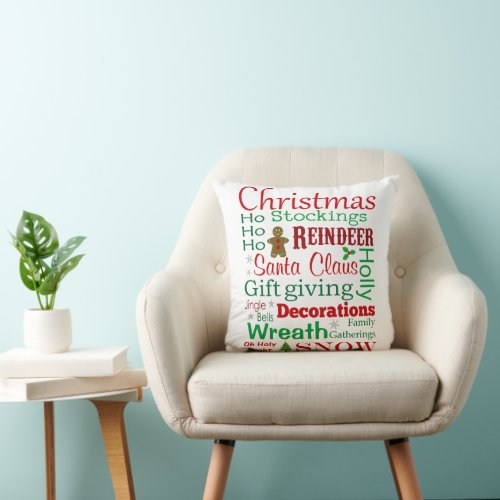 Red Green Christmas Words and Phrases Typography Throw Pillow