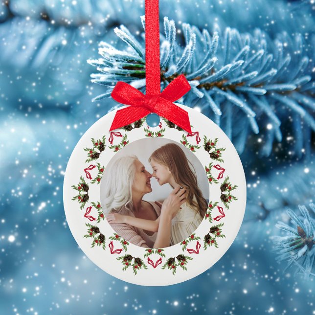 Red Green Christmas Wreath Photo Template Ceramic Ornament (Christmas greenery, pine cones, and holly berries mandala photo ceramic ornament. )
