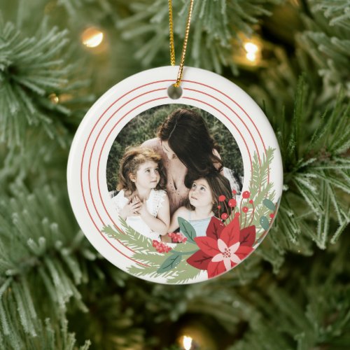 Red Green Circle Christmas Photo Poinsettia Floral Ceramic Ornament