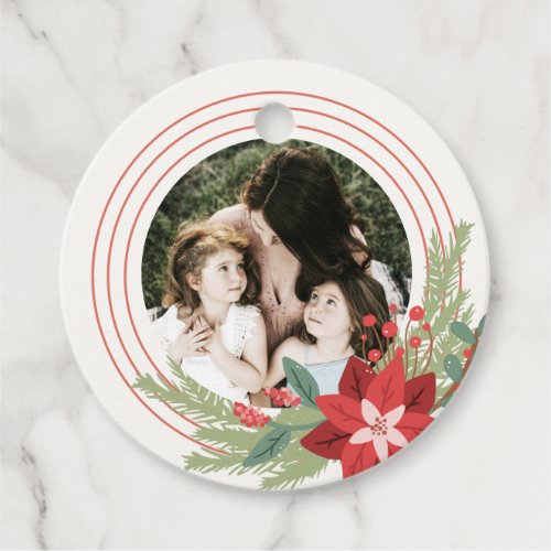 Red Green Circle Christmas Photo Poinsettia Floral Favor Tags