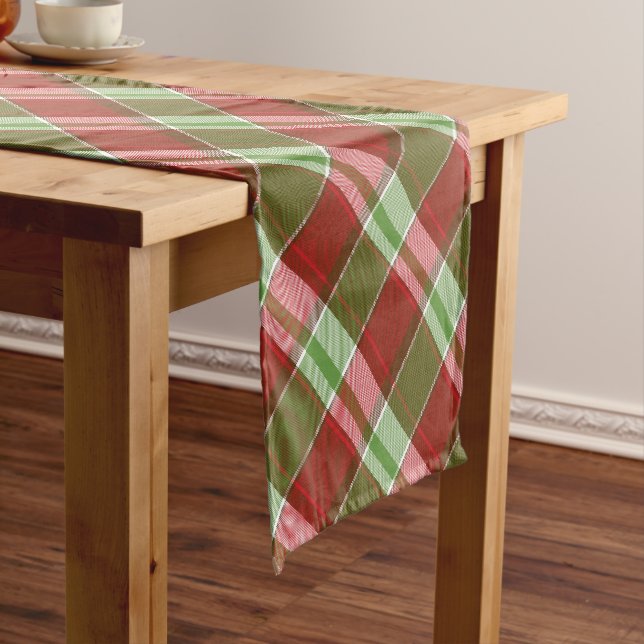 Red Green Classic Christmas Holiday Plaid Pattern Short Table Runner (In Situ)