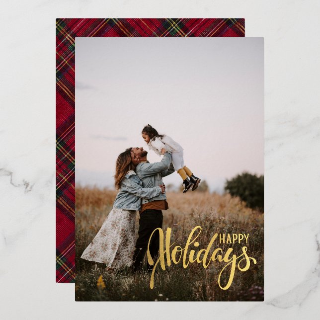 Red & Green Classic Plaid "Christmas Vibes" Custom Foil Holiday Card (Front/Back)