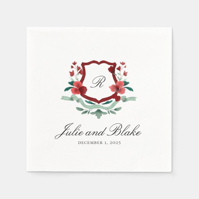 Red & Green Classic Wedding Monogram Crest Napkins (Front)
