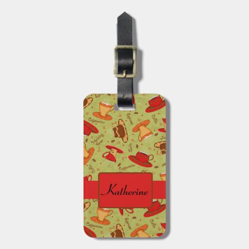 Red Green Coffee Cup Pattern Art Custom Name Luggage Tag